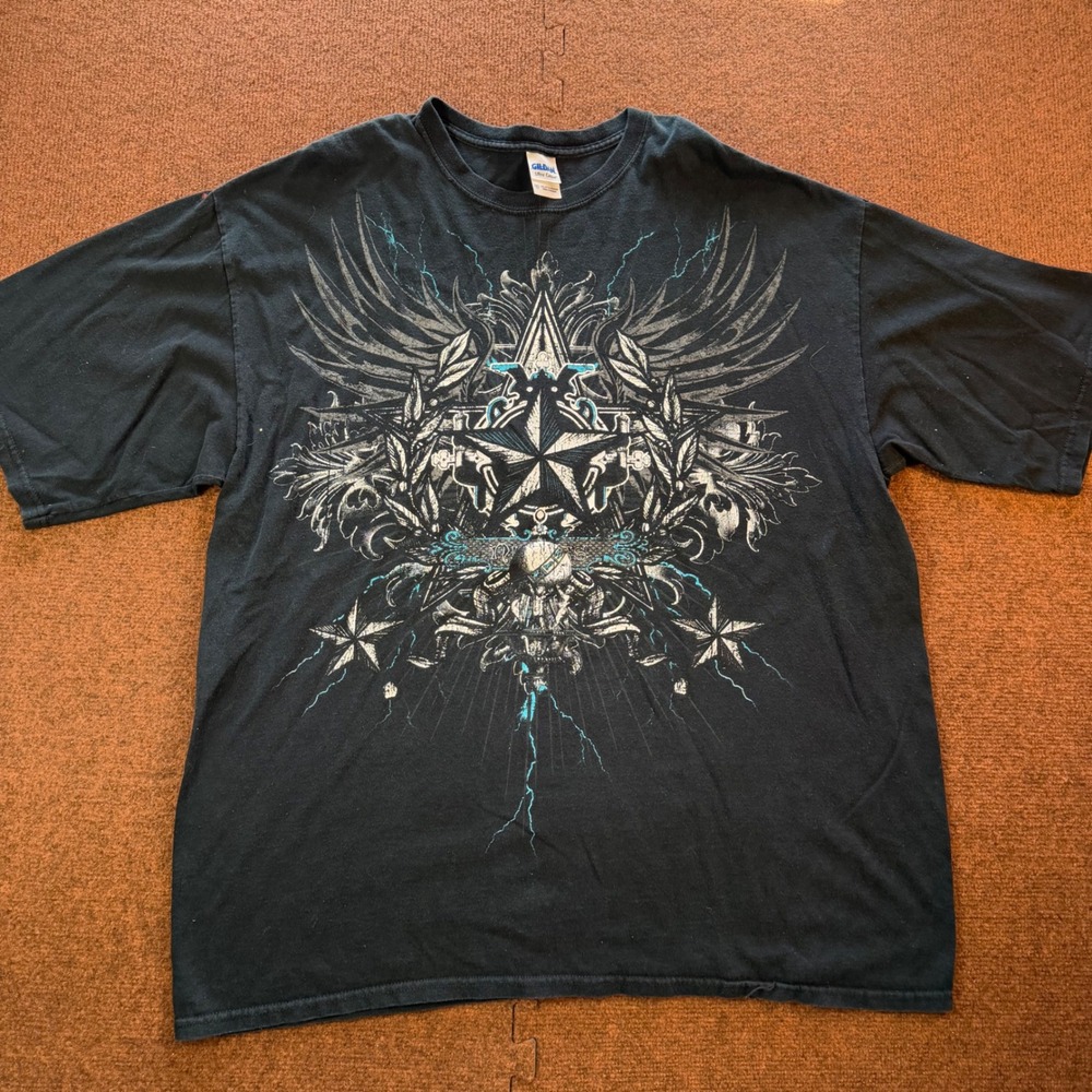 Gildan Graphic T-Shirt Mens 2XL Tall Black Star Wings Lightning Streetwear Tee